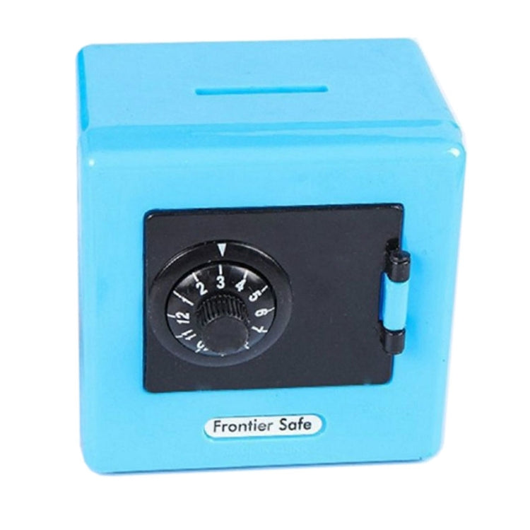 Light blue password piggy bank safe with black number dial and side latch