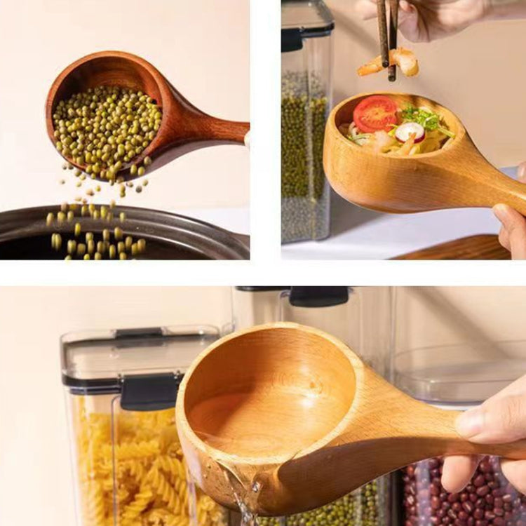 Wooden soup spoon scooping food, shown with a hand and bowls