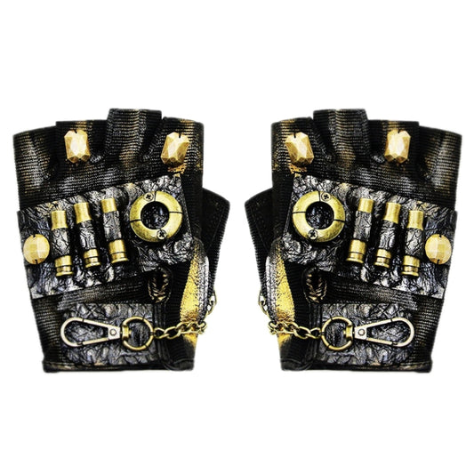 Pair of fingerless biker gloves in black with gold hardware, studs, and decorative eye ring