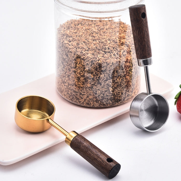 15ml measuring spoon set with gold and silver cups, dark wood handles