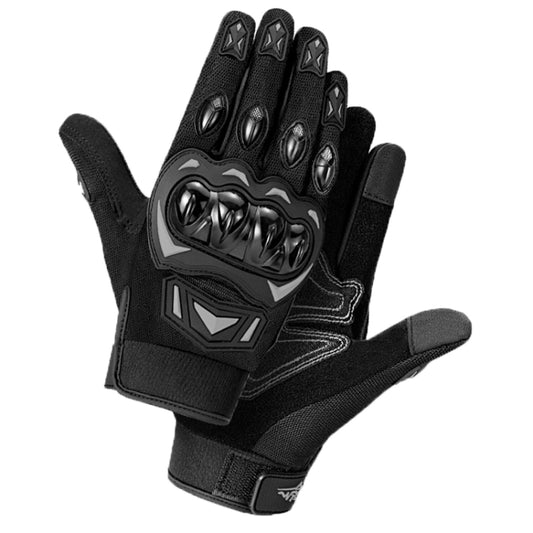 Black riding gloves featuring molded knuckle protection and secure wrist strap