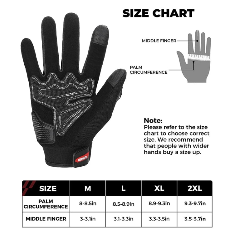 Glove size chart with palm circumference and middle finger measurements for sizes M–2XL