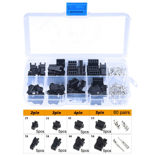 Assorted black JST-SM header connectors with jumper pins and a parts chart on the box lid