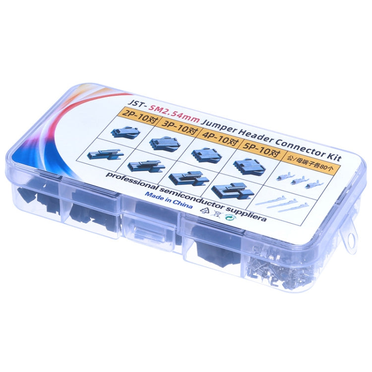 Clear plastic kit box of black JST-SM header connector jumpers with metal pin pieces