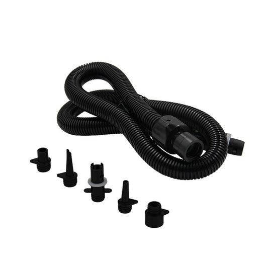 Electric pump hose kit with black coiled tube and multiple adapter nozzles
