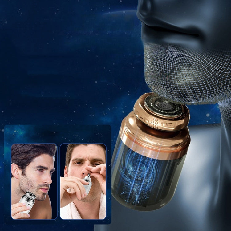 Gold mini electric shaver with round foil head and protective mesh guard, rechargeable