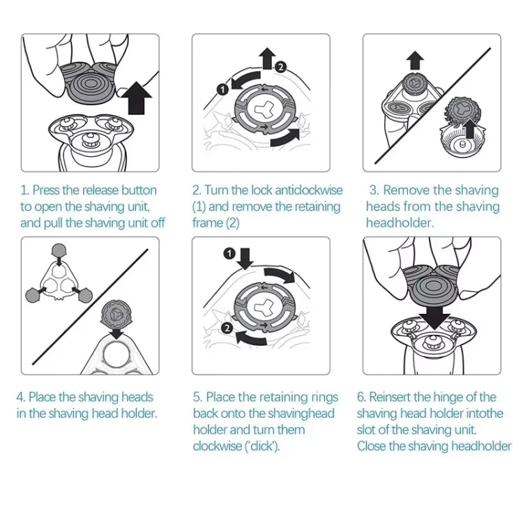 Replacement shaving heads installation steps diagram with shaver head holder
