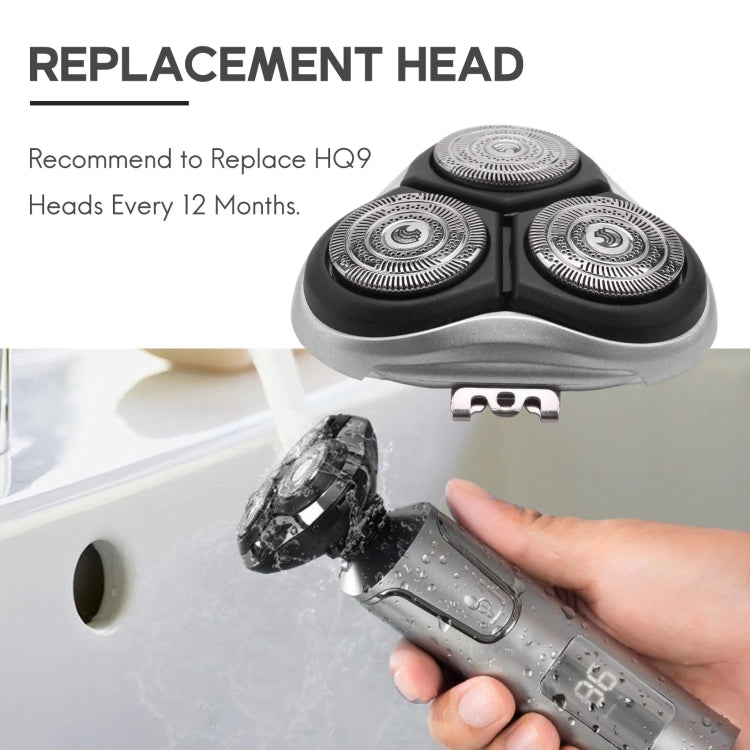 Foil shaver head replacement shown on a shaver held in hand with three black cutter foils