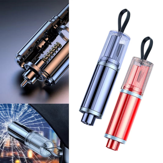 Two mini car safety hammers: one silver with clear head and one red with lanyard