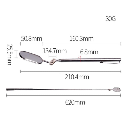 Oval inspection mirror with telescopic rod and size diagram, chrome metal.