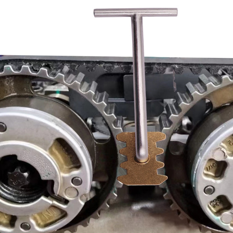 Timing gear holder tool installed on engine cam gears with bronze locking clamp