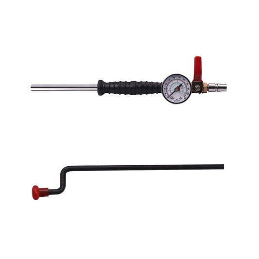Tire inflation rod with pressure gauge, black ribbed handle, red lever