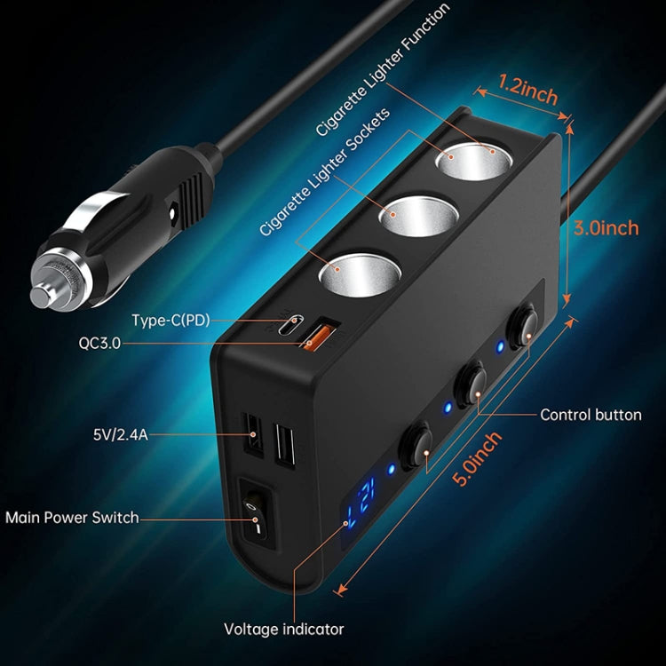 Black car charger hub with three cigarette sockets, USB and Type-C PD, indicator lights