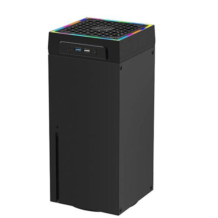 Black top-mount cooling fan with side panel and glowing RGB-edged hex grille