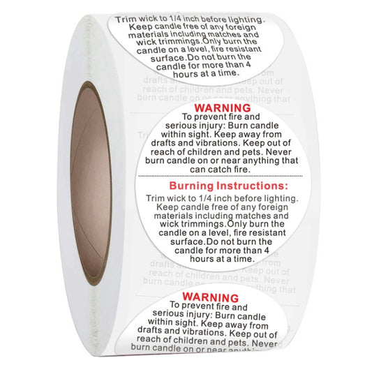 Round self-adhesive warning label sticker roll, curled strip with red WARNING text