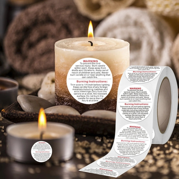 Warning label sticker strip with red WARNING text beside lit candles