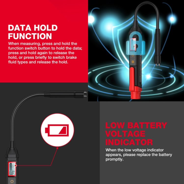 Brake fluid moisture tester pen with blue data-hold glow and low-battery icon