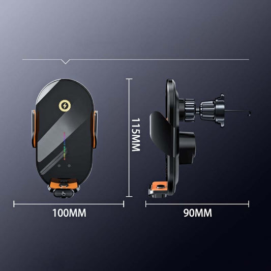 Black wireless car phone holder mount with orange trim, front and side views