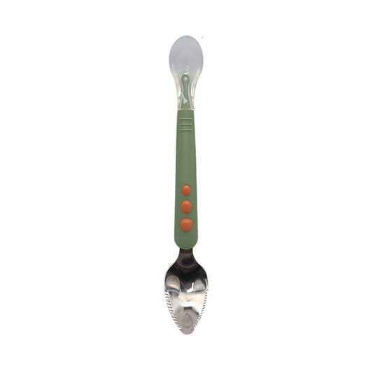 Double-head baby food spoon with rounded silver scraper; green handle with orange dots