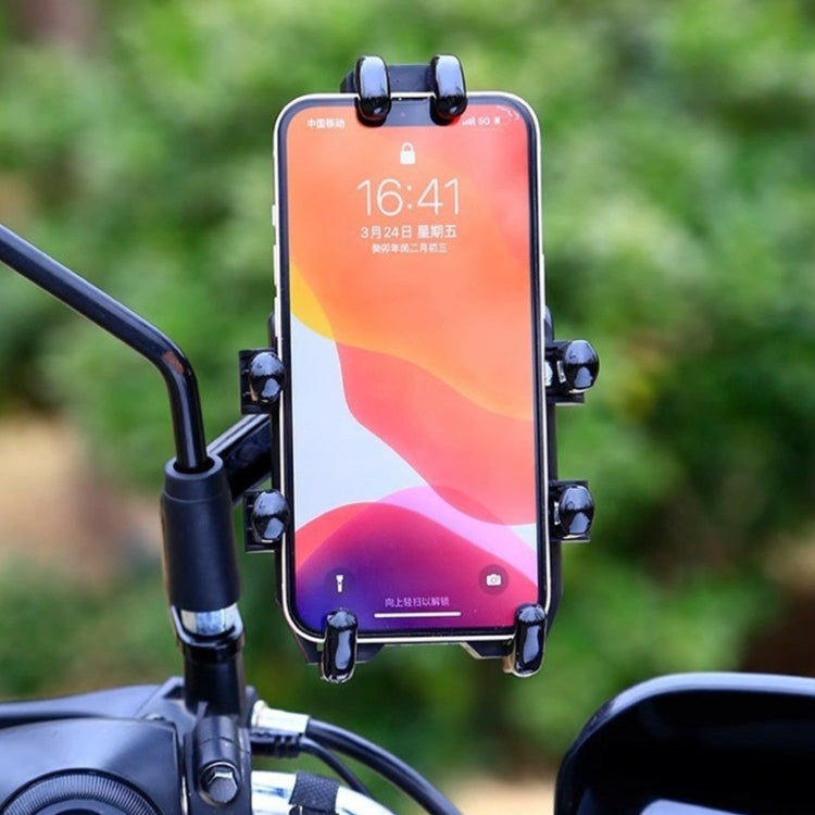 Front view of phone held by black shockproof clamp bracket on a handlebar