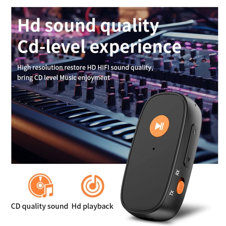 Black car Bluetooth AUX 2-in-1 receiver/transmitter with orange icon and control buttons