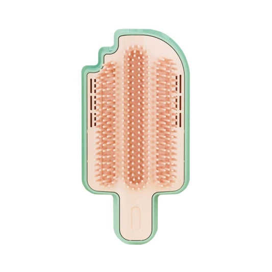 Ice-cream shaped pet massage scrubber brush with pink silicone bristles and mint frame