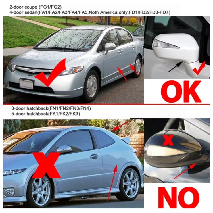 Vehicle fitment guide showing OK and NO rearview mirror shells for LED lights