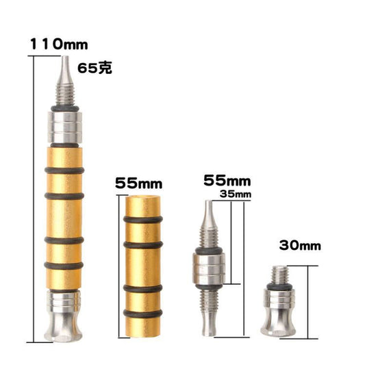 Dent tap pen tool with gold body and steel needle tip, size diagram labels
