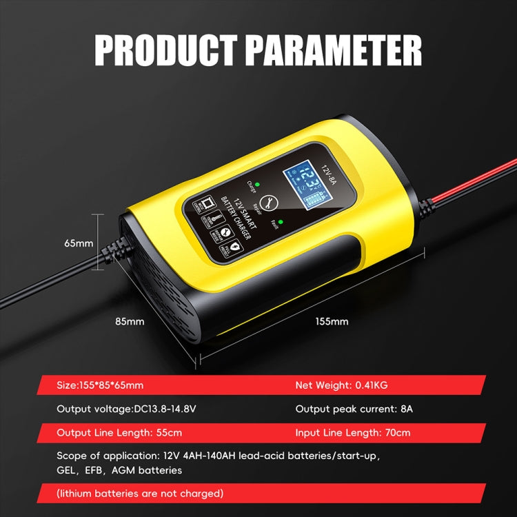 Yellow and black 12V battery charger with dimensions and output specs shown