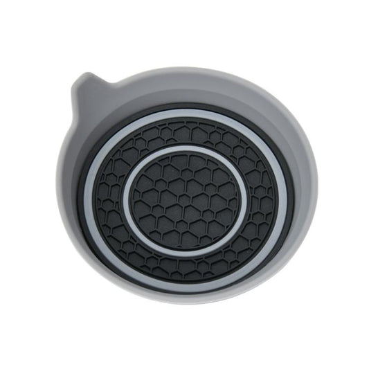 Gray bowl-shaped car water coaster with textured grip and double-ring design.