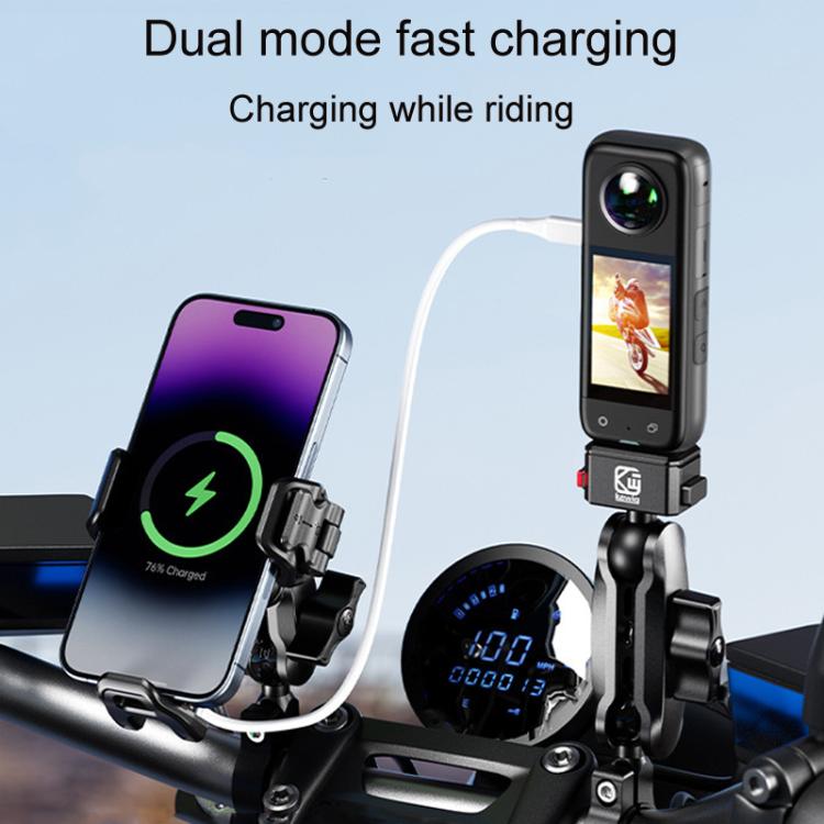 Outdoor bike phone mount with wireless charging, holding smartphones on handlebar