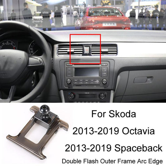 Black phone navigation bracket base installed in car center vent area with double-flash frame