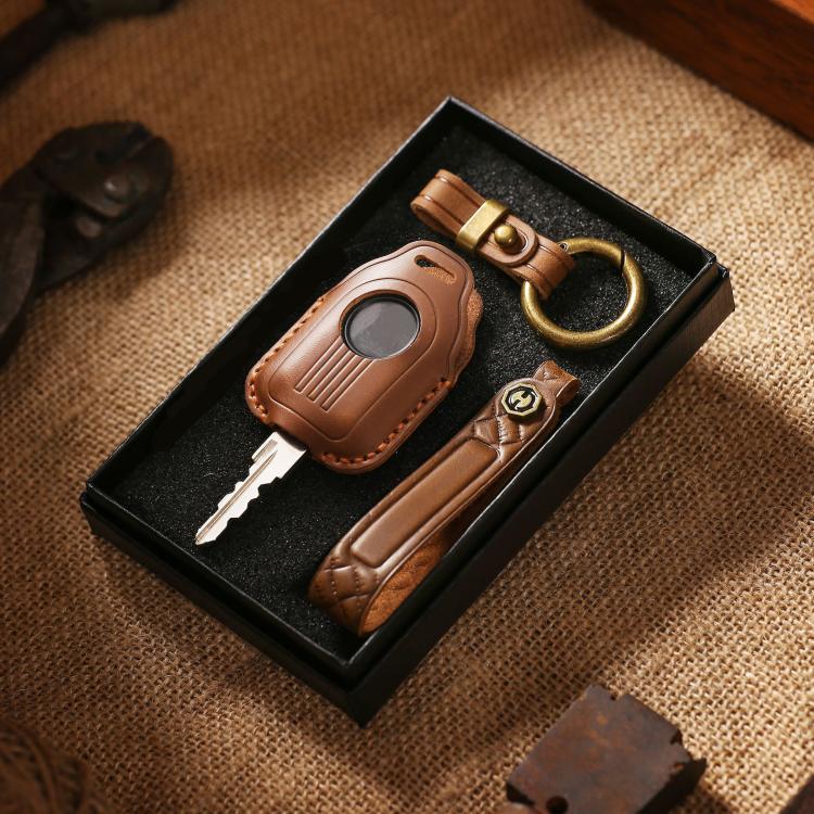 Leather key protective cover set in box with key rings and spare key