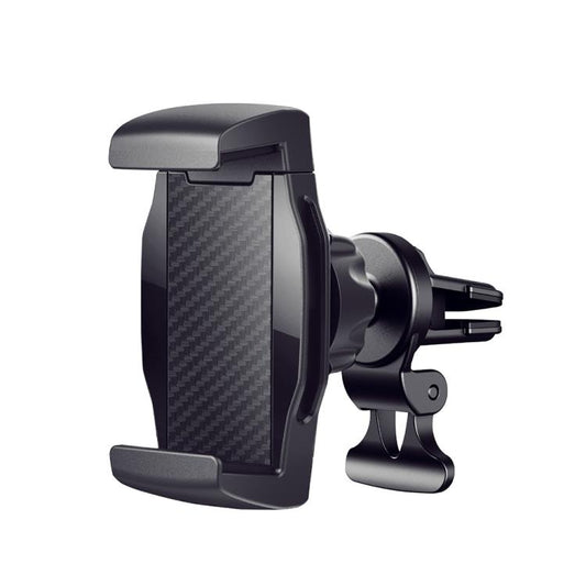Car air vent phone holder with clamp, rotating anti-shake arm, dark carbon-fiber panel