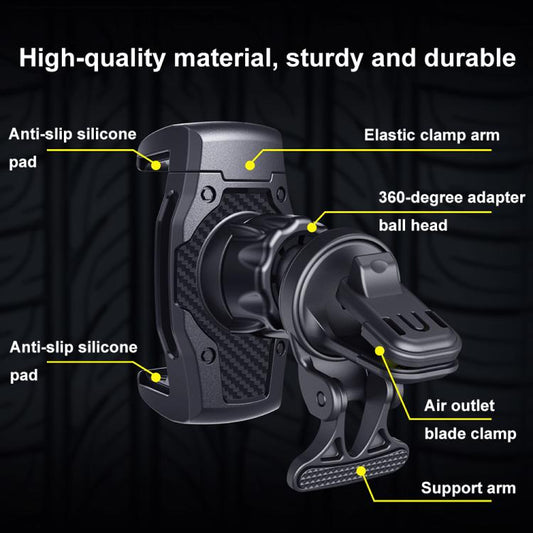 Car phone holder with air outlet blade clamp, 360-degree adapter, elastic arm, ball head