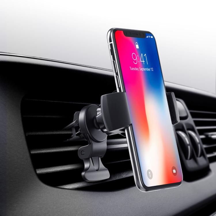 Car air vent phone holder with mounted smartphone on blade-style vent clip