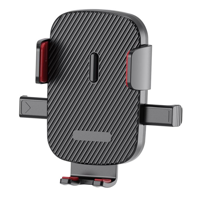 Car air vent phone holder with textured panel, side arms, and red safety tabs.