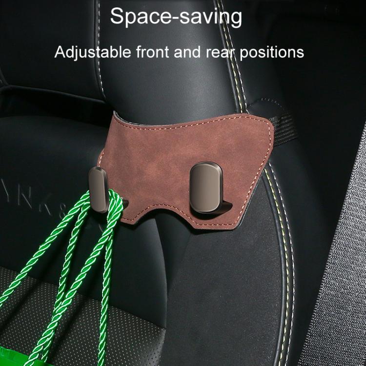 Brown car seat organizer with two metal hooks and adjustable mounting strap