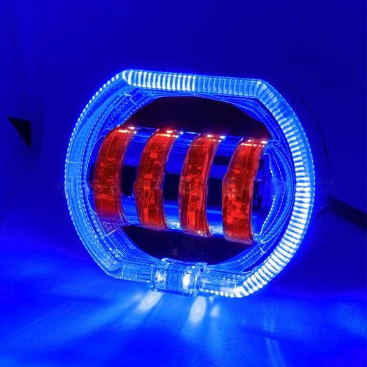 Motorcycle Electric Vehicle General Modification LED Headlight 4 Beads Double Lens Lamps, White Aperture+Red Devil Eye, Red Aperture+Red Devil Eye, Blue Aperture+Red Devil Eye, Ice Blue Aperture+Red Devil Eye, Green Aperture+Red Devil Eye