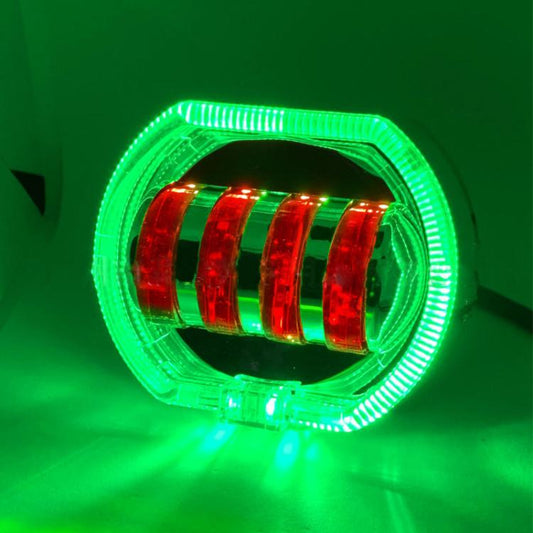 Motorcycle LED headlight with green ring and red inner devil-eye lens
