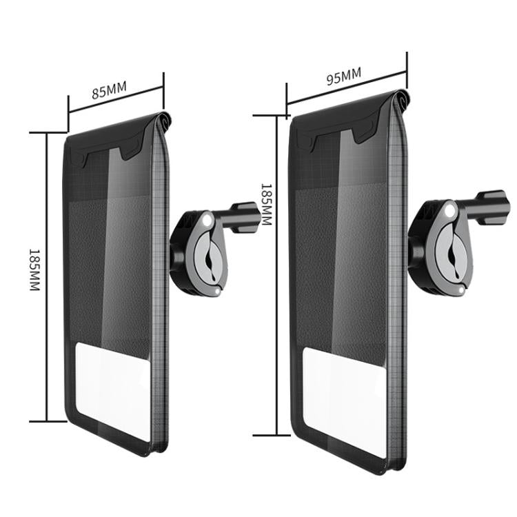 Waterproof phone pouch size diagram for two variants, with clamp mount shown