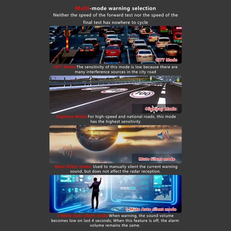 Black radar detector with mode selection guidance and city/highway warning layout