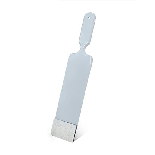 Long plastic car film scraper with felt edge and angled handle, large straight blade