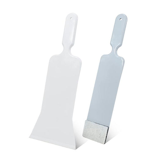 Two long plastic car film scrapers, straight wide blades with felt edge pads