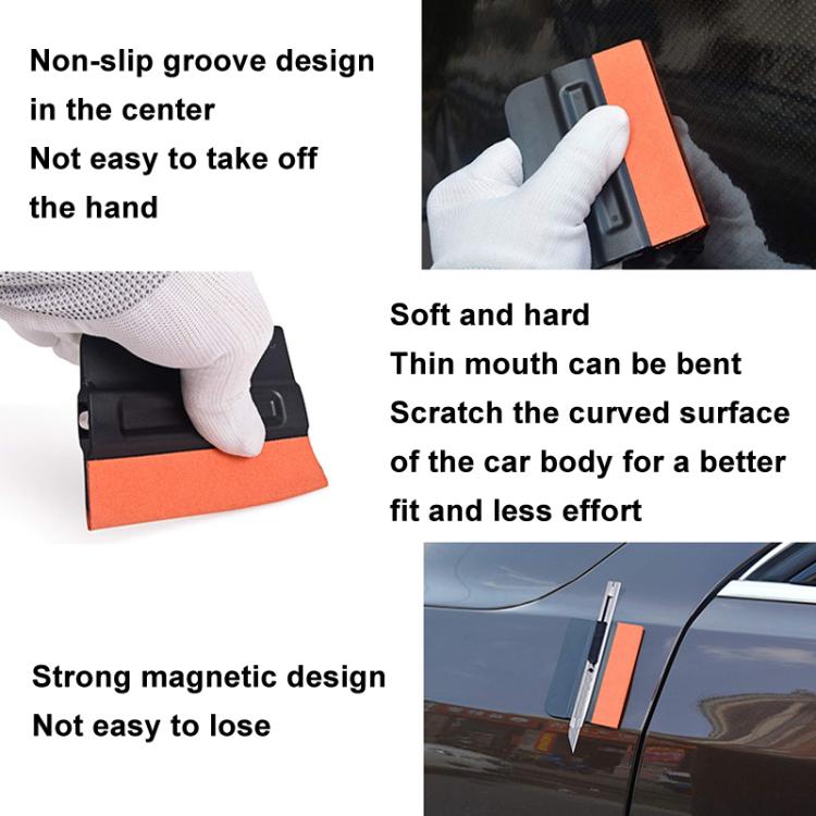 Magnetic car film scraper shown in use by a gloved hand on car glass