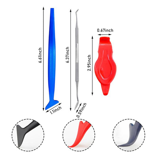 Car film edge trimmer tools: long blue and gray scrapers plus a red seam tucker