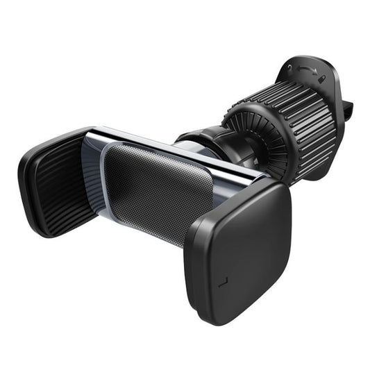 Car air vent phone holder with rotating clamp and mesh grip, black and gray