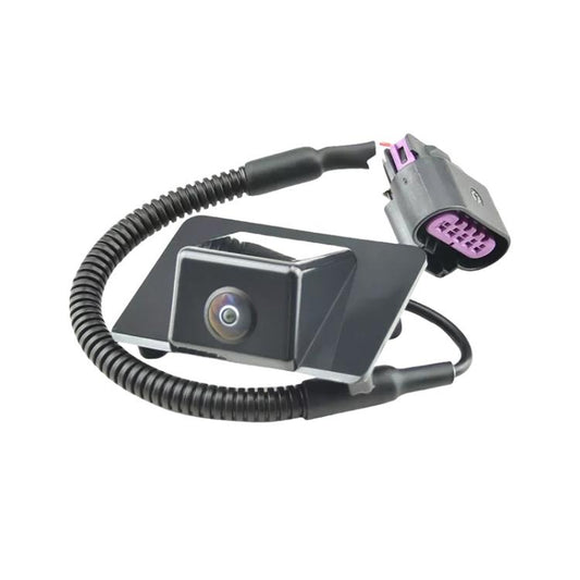 Rear view parking camera module with purple multi-pin connector and shielded cable