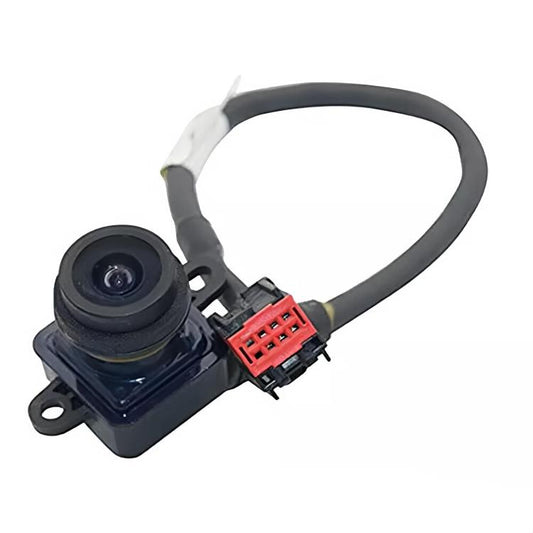 Rear view backup camera module with black housing and red wiring connector