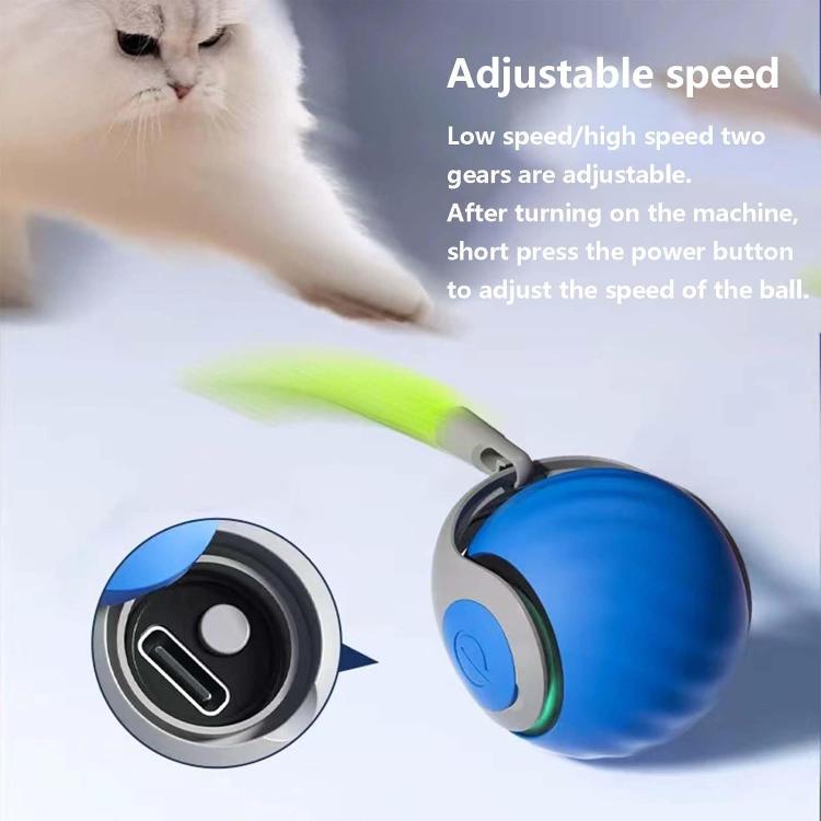Adjustable-speed blue self-rolling cat toy ball with green tentacle and black base.